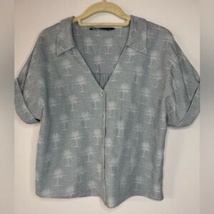 ZARA Blue Palm Tree Button-Up Shirt | Size M